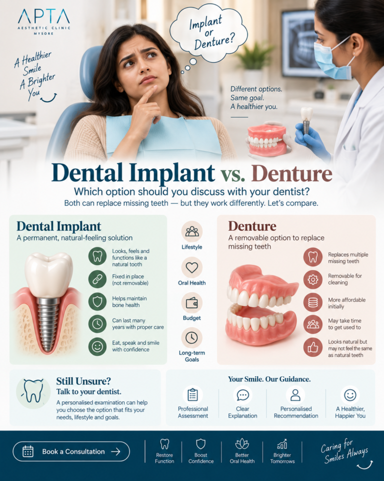 An APTA Clinic Mysore infographic titled “Dental Implant vs. Denture,” featuring a thoughtful patient seated in a dental chair while a masked dentist presents a denture and dental implant in a modern clinic background. The lower section compares dental implants as fixed, natural-feeling tooth replacements that may help maintain bone health with dentures as removable options that can replace multiple missing teeth. Illustrations show a dental implant secured in the jawbone and a pink removable denture, alongside icons highlighting lifestyle, oral health, budget, and long-term goals. The clean design uses soft green, beige, and blue panels, navy typography, and a dark blue footer with a consultation button and dental care benefits.