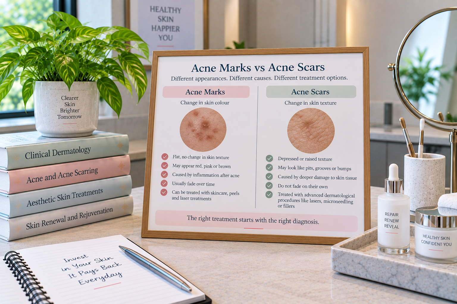A realistic dermatology infographic titled “Acne Marks vs Acne Scars” displayed on a wooden-framed board at the centre of a bright, professional skincare setting. The board has a clean white background with navy-blue text and soft pink and muted green section headers comparing acne marks and acne scars. The left pink section shows acne marks as changes in skin colour with a circular close-up of affected skin, while the right green section shows acne scars as changes in skin texture with a close-up of uneven skin. The comparison lists flat texture, red/pink/brown colour changes and gradual fading for acne marks, versus depressed or raised texture, pits or bumps and deeper tissue damage for acne scars. A leafy green plant and stacked dermatology books are positioned on the left, while a round mirror, makeup brushes, skincare bottles and a tray appear on the right. A soft pink panel at the bottom states that the right treatment starts with the right diagnosis, reinforcing the distinction between marks and scars.