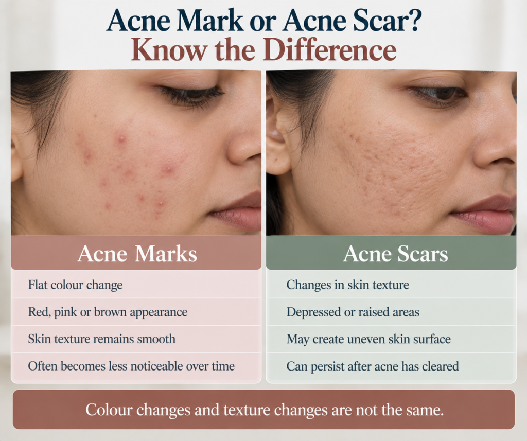 A clean dermatology infographic titled “Acne Mark or Acne Scar? Know the Difference” uses dark navy and muted terracotta typography on a soft off-white background. The left side shows a close-up cheek with active acne and is labelled “Acne Marks” in a muted terracotta panel, describing flat colour changes, red/pink/brown appearance, smooth texture and gradual fading. The right side shows a close-up cheek with uneven depressed texture and is labelled “Acne Scars” in a muted sage-green panel, describing texture changes, depressed or raised areas and persistent uneven skin. Both sections contain dark navy explanatory text arranged in separate horizontal rows beneath the photographs. A wide muted terracotta banner spans the bottom with the message “Colour changes and texture changes are not the same.” The overall design uses realistic skin photography, soft pastel panels, balanced side-by-side comparison and a professional medical-education layout.