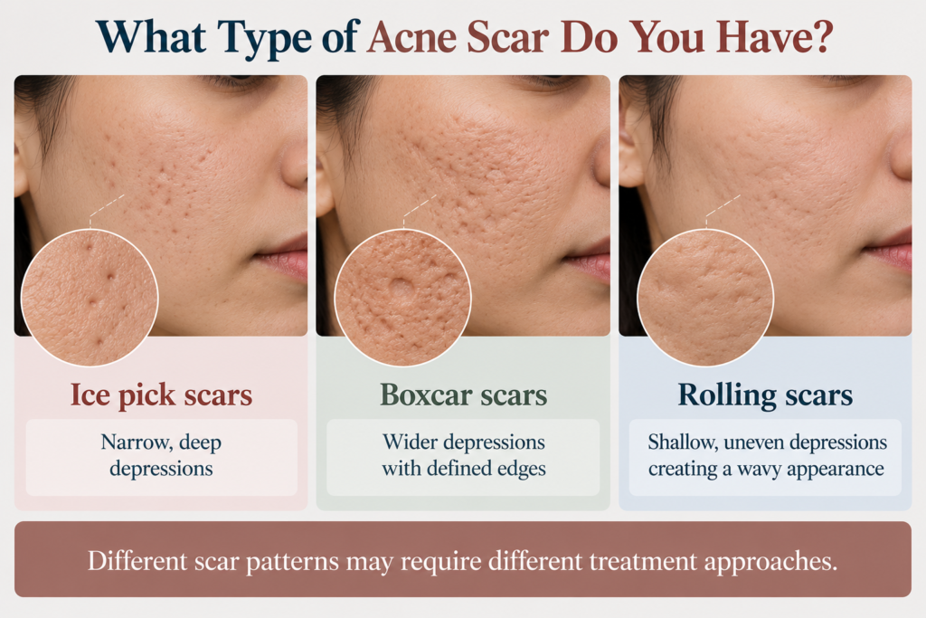 A clean dermatology infographic titled “What Type of Acne Scar Do You Have?” in dark navy and muted terracotta text on a soft off-white background. Three side-by-side close-up photographs of facial cheek skin show different acne-scar patterns, each with a circular magnified inset highlighting the texture. The left panel, in a pale pink section, shows ice pick scars with narrow, deep depressions; the centre pale sage panel shows boxcar scars with wider depressions and defined edges. The right pale blue panel shows rolling scars, with shallow, uneven depressions creating a wavy appearance across the cheek. Each panel uses dark navy headings and descriptive text, while thin white guide lines connect the magnified circles to the corresponding scar areas. A wide muted terracotta banner at the bottom states, “Different scar patterns may require different treatment approaches.”