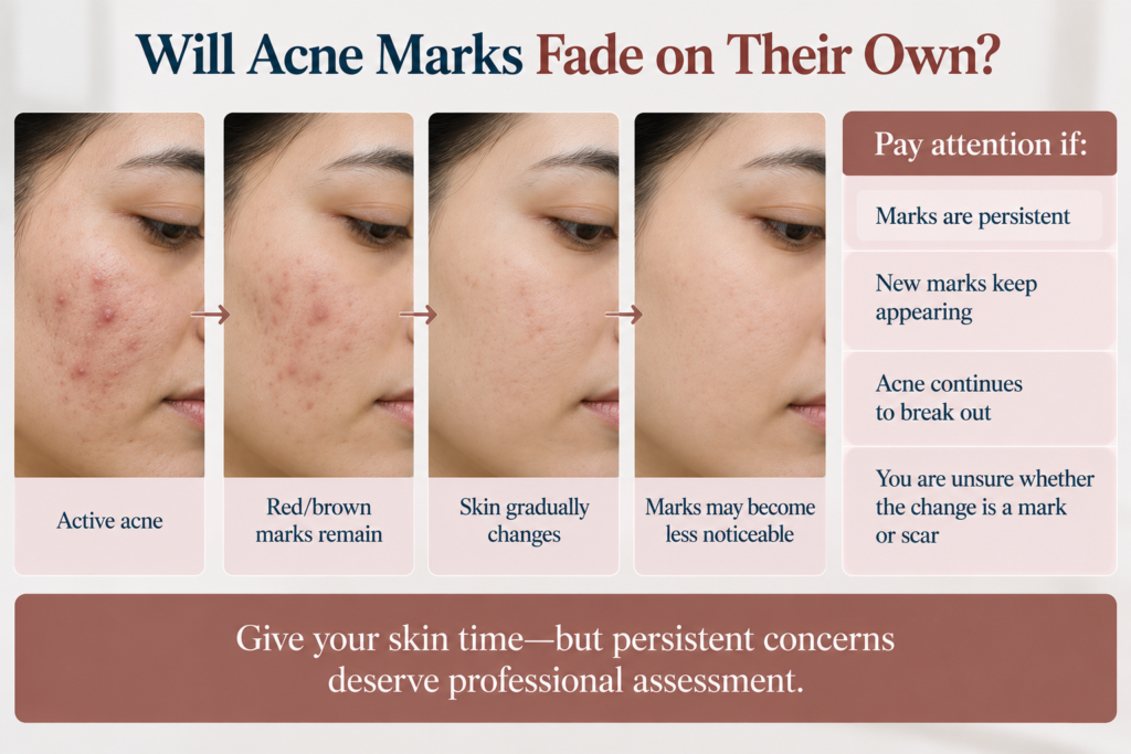 A realistic dermatology infographic titled “Will Acne Marks Fade on Their Own?” features four sequential close-up images of facial skin showing the gradual change after active acne. The four panels progress from active acne, to red/brown marks remaining, followed by skin gradually changing, and finally marks becoming less noticeable, connected by right-pointing arrows. On the right, a muted terracotta panel titled “Pay attention if:” lists persistent marks, new marks continuing to appear, ongoing acne breakouts, or uncertainty about whether the change is a mark or scar. The design uses a clean light cream background with dark navy and muted terracotta typography, soft blush-pink information panels, and realistic close-up skin photography. A wide muted terracotta footer at the bottom states “Give your skin time—but persistent concerns deserve professional assessment.”