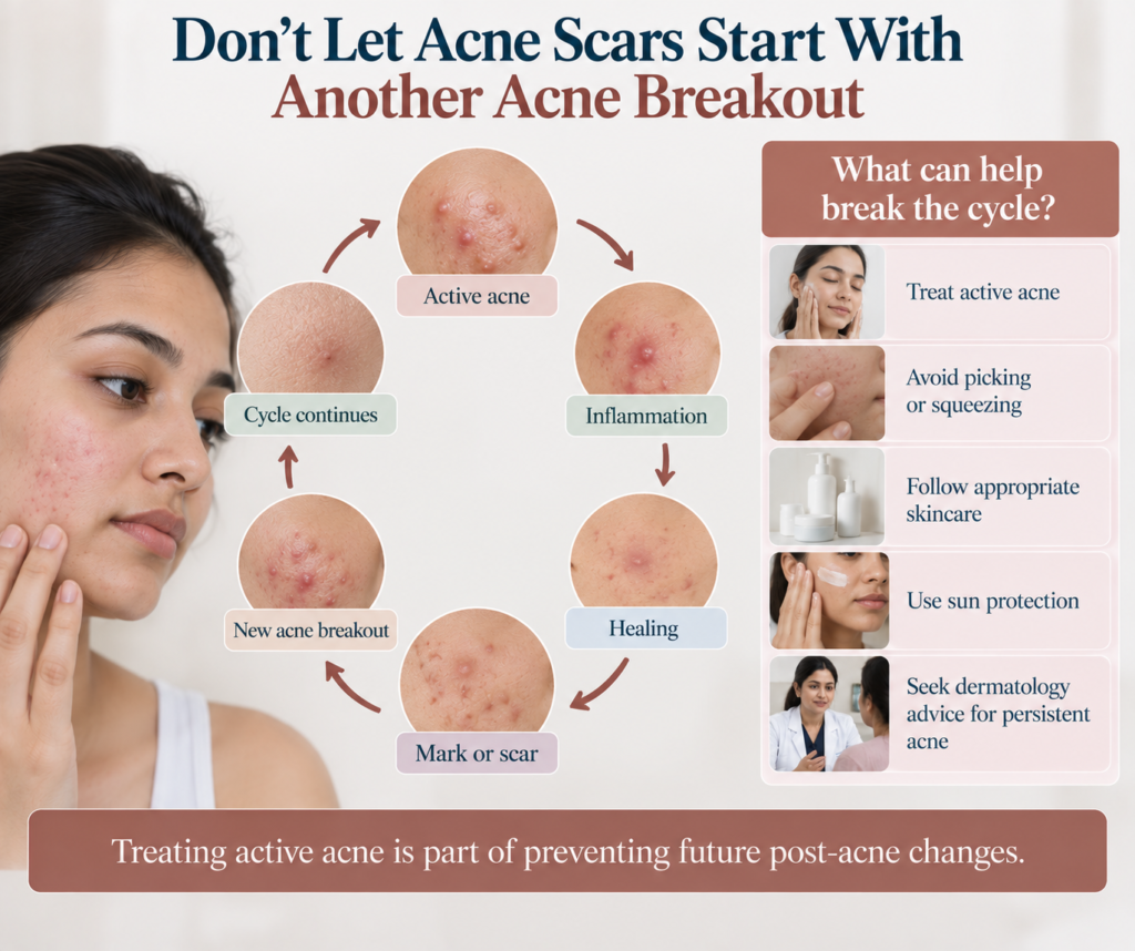 A realistic dermatology infographic titled “Don’t Let Acne Scars Start With Another Acne Breakout” features a young woman with visible acne on the left and a circular acne-cycle diagram in the centre. The cycle moves clockwise through Active acne → Inflammation → Healing → Mark or scar → New acne breakout → Cycle continues, with realistic close-up skin photographs and muted terracotta arrows. On the right, a rounded terracotta panel titled “What can help break the cycle?” lists treating active acne, avoiding picking or squeezing, following appropriate skincare, using sun protection, and seeking dermatology advice for persistent acne. The design uses a light cream background with dark navy and muted terracotta typography, soft pink and pale green information cards, and realistic skin photography. A wide muted terracotta footer at the bottom states “Treating active acne is part of preventing future post-acne changes.”