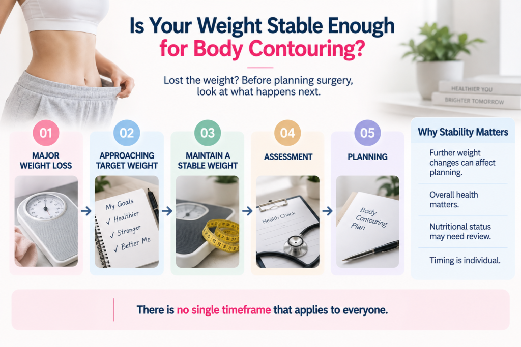 Infographic outlining factors to consider before body contouring after major weight loss, including approaching target weight, maintaining stable weight, health assessment, treatment planning, nutritional status and individual timing.