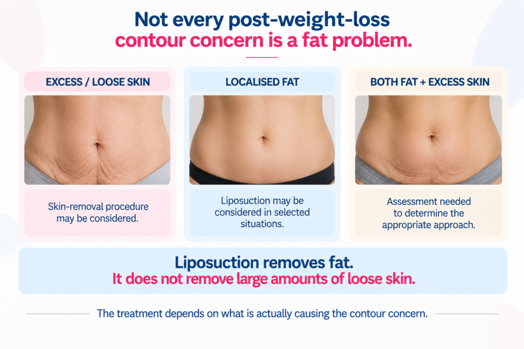 Infographic comparing post-weight-loss contour concerns caused by excess loose skin, localised fat, or both, explaining that liposuction targets fat while loose skin may require a different treatment approach.