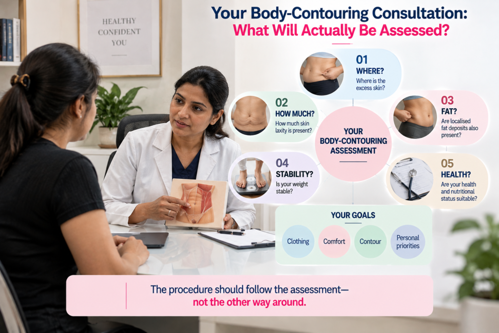 Infographic showing a body-contouring consultation assessing excess skin, skin laxity, localised fat, weight stability, health and nutritional status, along with the patient’s individual goals and priorities.