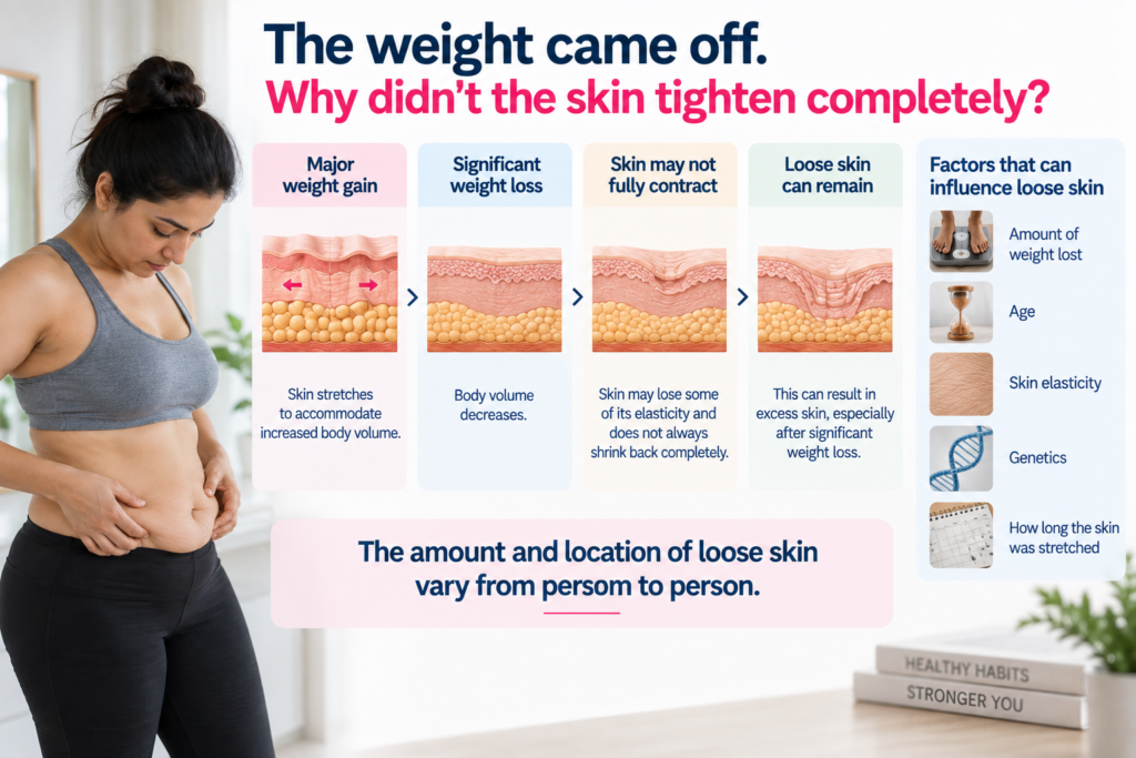 Infographic explaining why loose skin may remain after major weight loss, showing skin stretching, reduced body volume, incomplete skin contraction, and factors such as amount of weight lost, age, skin elasticity, genetics and duration of skin stretching.
