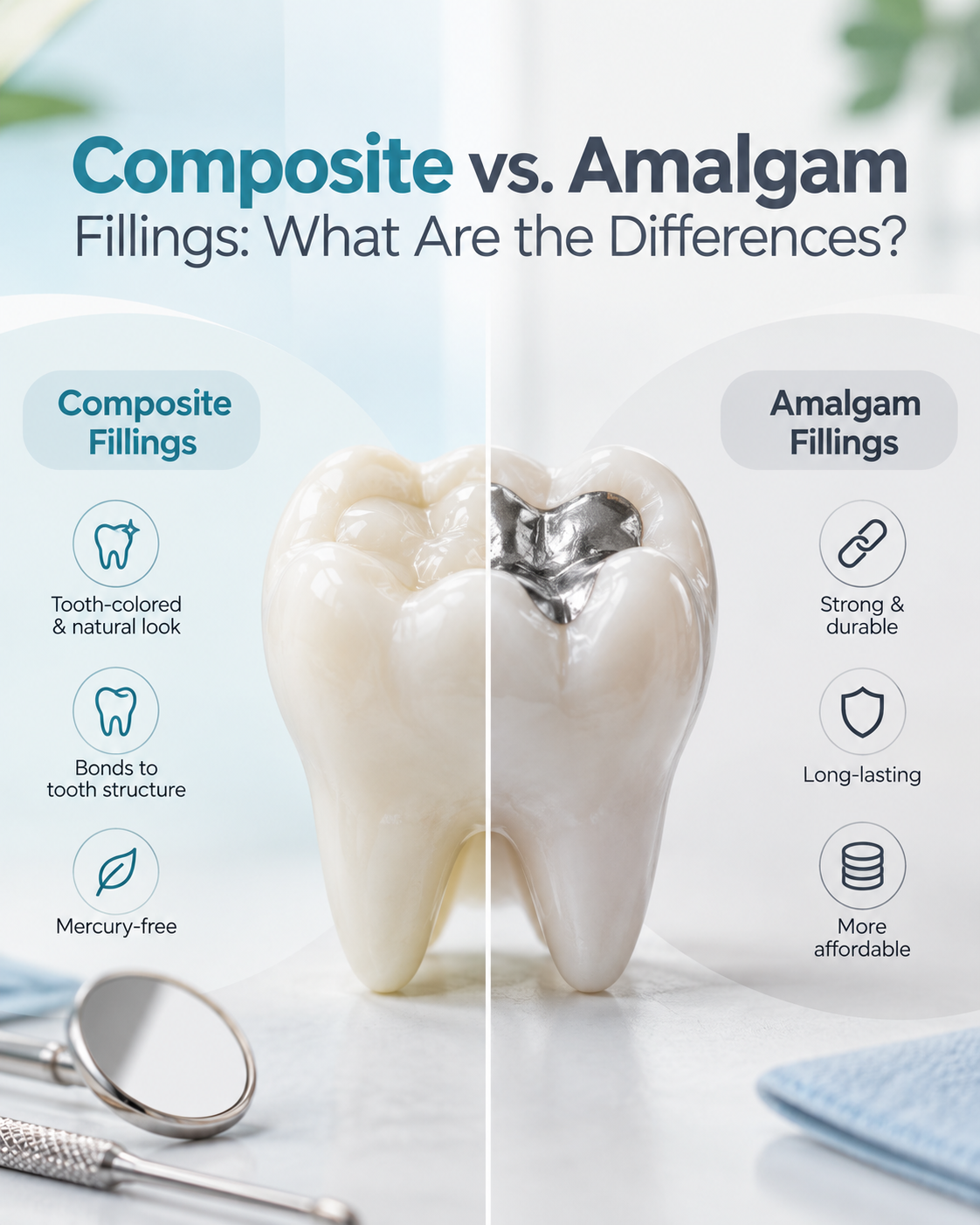 A dental infographic titled “Composite vs. Amalgam Fillings: What Are the Differences?” compares two common dental filling materials. The left side features a composite filling, highlighting its tooth-coloured, natural appearance. Composite fillings bond to the tooth structure and are mercury-free. The right side illustrates a silver amalgam filling, emphasizing strength and durability. Simple dental icons highlight the key features, including appearance, bonding, longevity, and affordability. A central dividing line separates the two filling options against a clean white, pale blue, and grey background. The design uses clear typography and detailed tooth illustrations to make the comparison easy to understand.