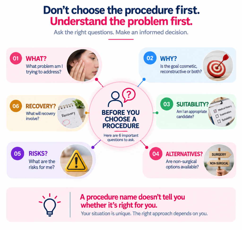 Patient-education infographic on a clean white background with pastel pink, blue, green, purple and orange sections. The central circular panel asks viewers to consider important questions before choosing a plastic surgery procedure. Six surrounding panels cover What? the problem being addressed, Why? whether the goal is cosmetic, reconstructive or both, Suitability? whether the patient is an appropriate candidate, Alternatives? whether non-surgical options are available, Risks? the potential risks for the individual, and Recovery? what recovery may involve. Each section includes a relevant photographic or illustrative icon, with coloured connecting lines leading toward the centre. A pale pink panel at the bottom reinforces that the procedure name alone does not determine the appropriate approach.
