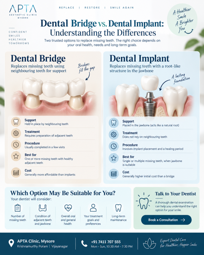An APTA Clinic Mysore infographic titled “Dental Bridge vs. Dental Implant: Understanding the Differences,” set against a clean, bright background with soft green plant accents and a minimalist dental-care aesthetic. Two side-by-side panels compare a dental bridge, which uses neighbouring teeth for support, with a dental implant placed in the jawbone, using detailed tooth and gum illustrations. The infographic highlights differences in support, treatment, procedure time, suitability, and cost, with icons and a lower section outlining factors to discuss with a dentist. A consultation callout, dark teal footer, clinic contact details, and the message “Expert Dental Care for Healthier, Happier Smiles” complete the design.