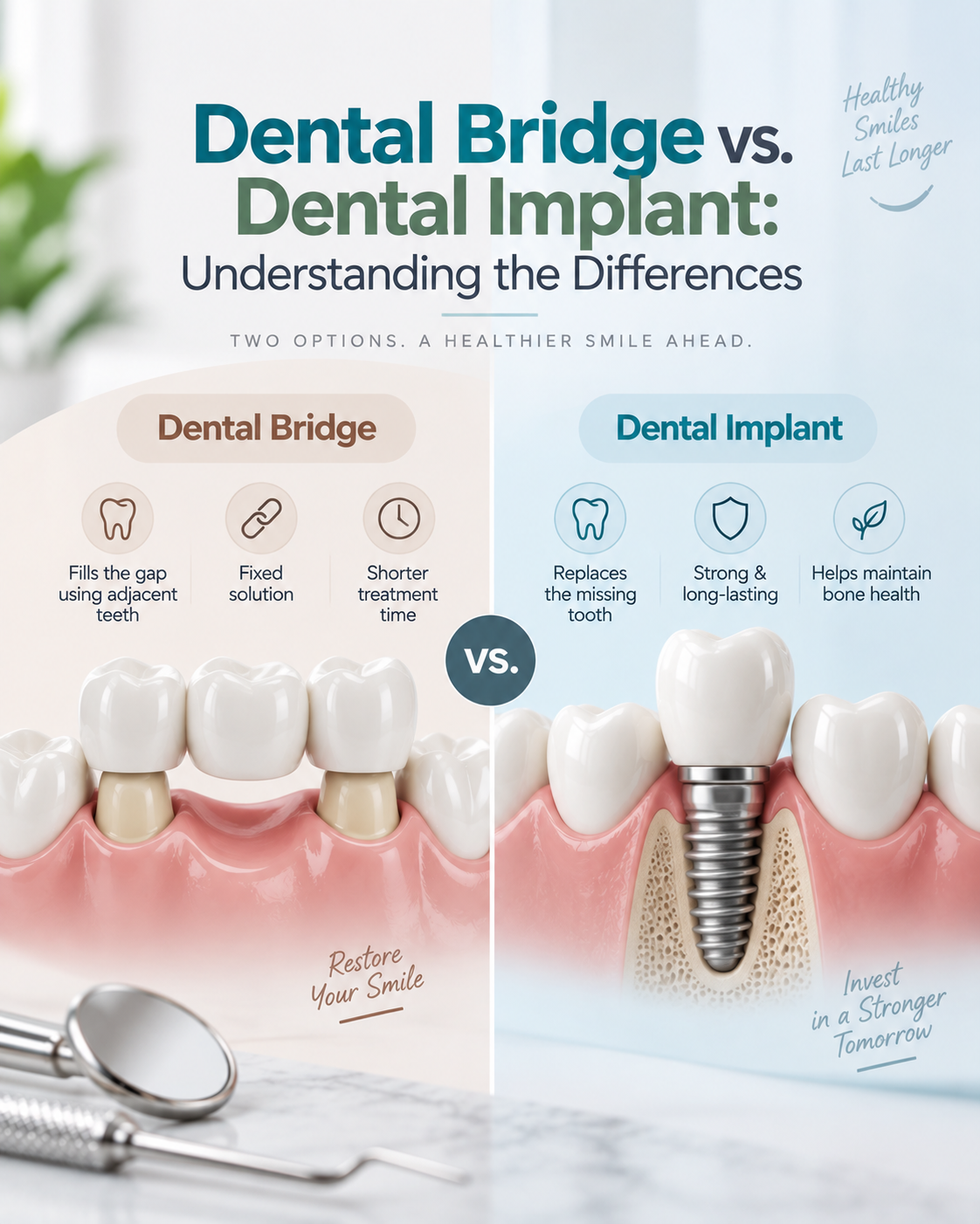 A dental infographic titled “Dental Bridge vs. Dental Implant” explains two tooth replacement options. The left side illustrates a dental bridge, which fills the gap using adjacent teeth. The right side shows a dental implant replacing a missing tooth with a titanium implant and crown. A central “VS” symbol separates the two treatment options. Dental icons highlight durability, treatment time, strength, and bone health. The design features a clean white, pale blue, and beige background with detailed dental illustrations. The slogans “Restore Your Smile” and “Invest in a Stronger Tomorrow” complete the infographic.