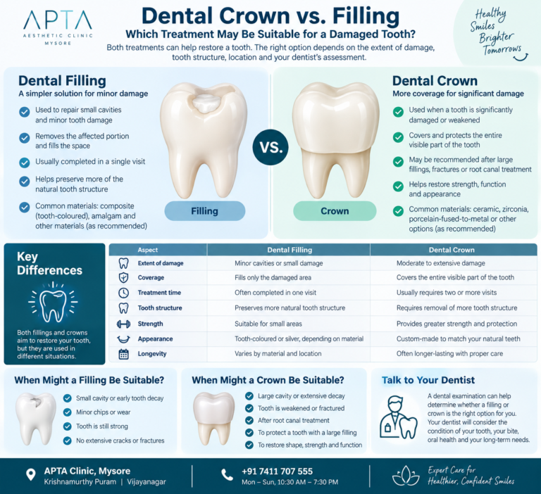 APTA Aesthetic Clinic Mysore infographic comparing dental fillings and dental crowns, featuring tooth illustrations, blue and mint-green panels, and a clean white background with navy text. The dental filling section explains its use for minor cavities and tooth damage, while the dental crown section highlights full coverage for significantly damaged or weakened teeth. A key-differences table compares coverage, treatment time, tooth structure, strength, appearance, and longevity, followed by guidance on when each treatment may be suitable. The design includes a dentist consultation prompt, dental icons, and APTA Clinic contact details at the bottom, with a professional, minimal dental-care theme.