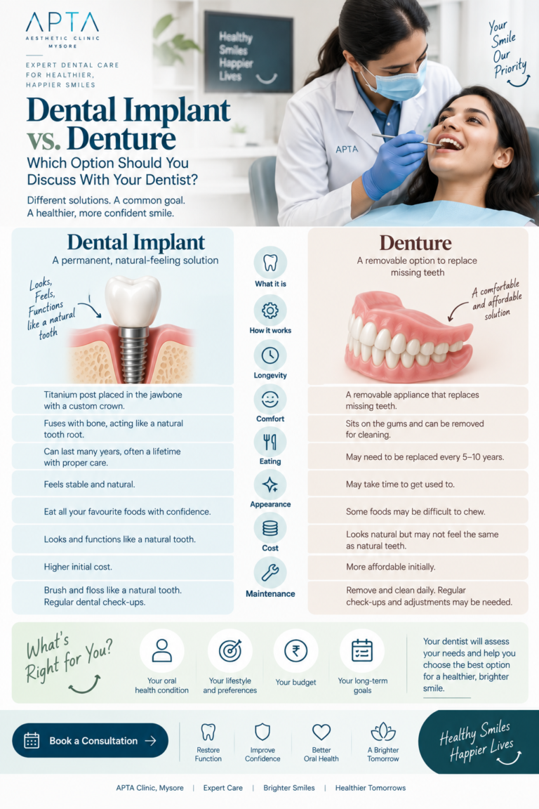 An APTA Clinic Mysore infographic titled “Dental Implant vs. Denture,” with a modern dental clinic background showing a masked dentist examining a smiling patient. The comparison section features a dental implant illustration secured in the jawbone and a removable denture, explaining differences in function, comfort, longevity, appearance, cost, and maintenance. Soft blue, green, and beige panels, clear typography, and dental icons organize the information, while a central column highlights factors such as lifestyle, oral health, budget, and long-term goals. The bottom section encourages patients to discuss their needs with a dentist and includes a “Book a Consultation” button, dental care benefits, and the clinic’s branding.