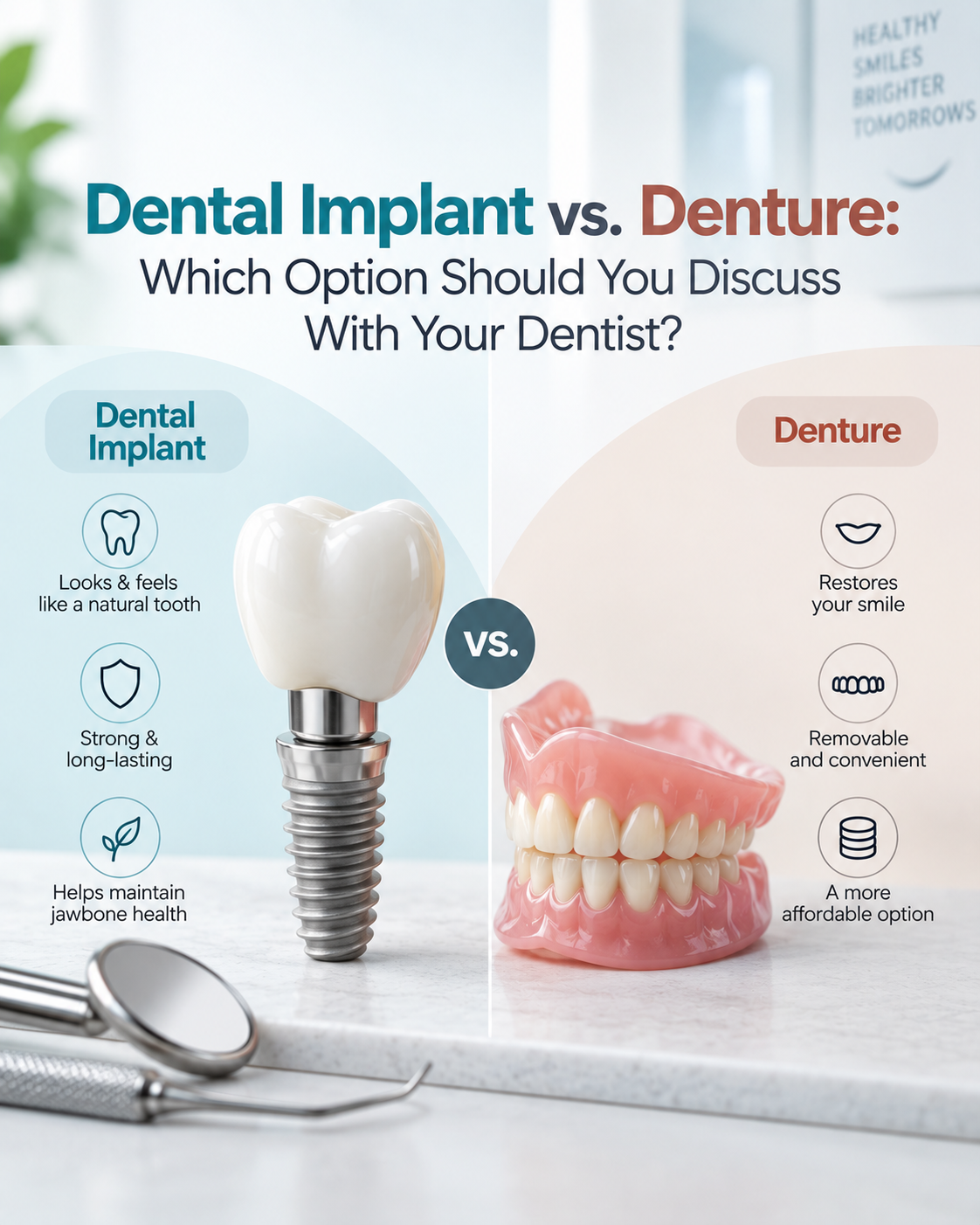 A dental infographic titled **“Dental Implant vs. Denture”** compares two options for replacing missing teeth. The left side features a dental implant with a crown, highlighting its natural appearance and feel. The implant section emphasizes durability, strength, and support for jawbone health. The right side illustrates removable dentures, highlighting smile restoration, convenience, and affordability. A central **“VS”** symbol separates the two treatment options. The design features dental illustrations, simple icons, and a clean white, pale blue, and beige background. The top-right slogan **“Healthy Smiles, Brighter Tomorrows”** reinforces the dental awareness theme.