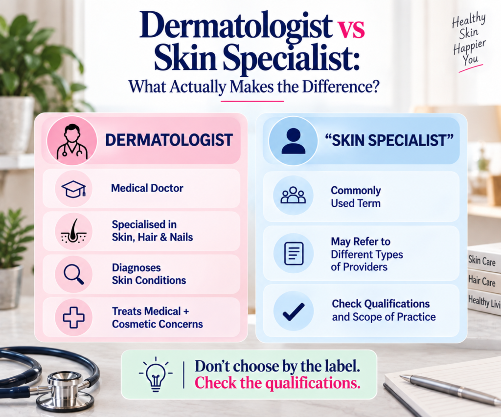 Infographic comparing a dermatologist with the general term “skin specialist,” highlighting medical training, specialisation in skin, hair and nails, diagnosis and treatment, and the importance of checking qualifications and scope of practice.