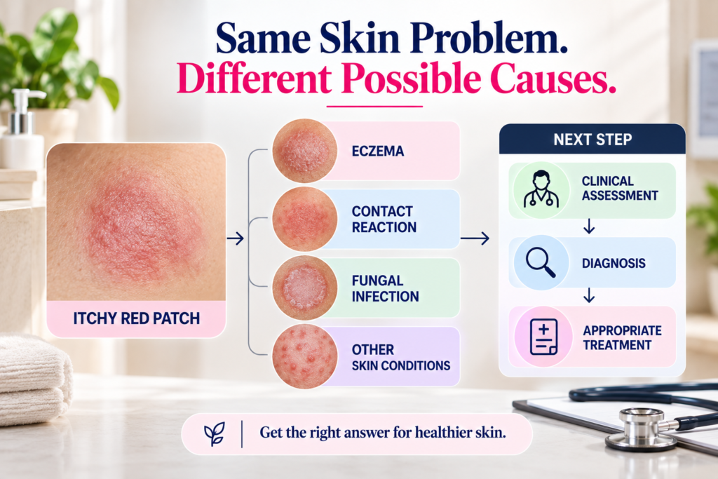 Infographic illustrating an itchy red skin patch with possible causes including eczema, contact reaction, fungal infection and other skin conditions, followed by clinical assessment, diagnosis and appropriate treatment.