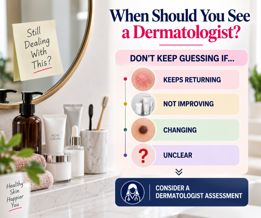 Infographic explaining when to see a dermatologist, highlighting skin problems that keep returning, are not improving, are changing, or have an unclear cause, with a recommendation to consider professional assessment.