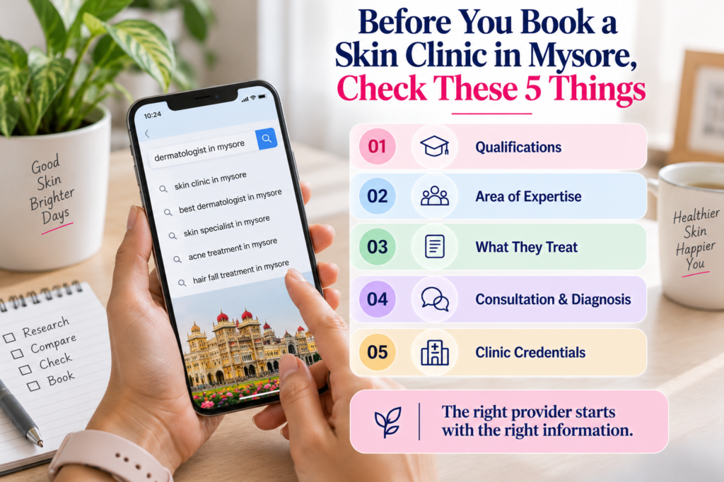 Infographic about choosing a skin clinic in Mysore, highlighting five factors to check: provider qualifications, area of expertise, conditions treated, consultation and diagnosis process, and clinic credentials.