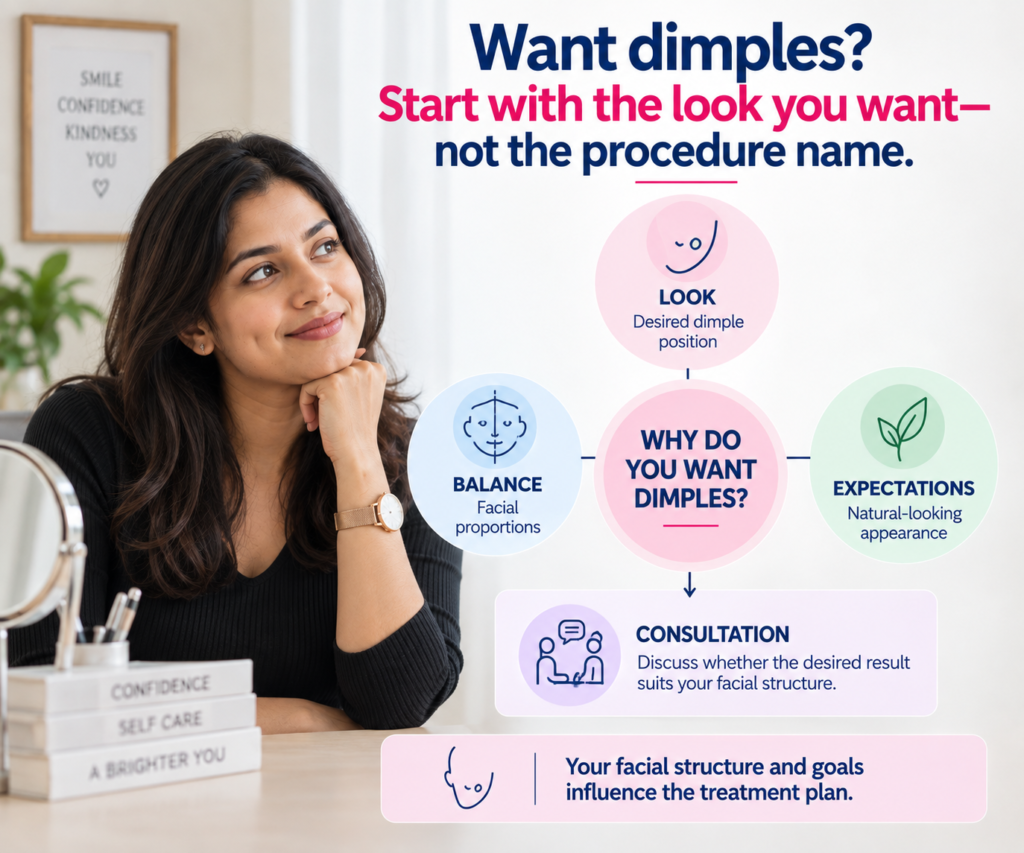 Infographic showing key considerations for dimple creation surgery, including desired dimple position, facial proportions, natural-looking expectations and consultation based on individual facial structure.