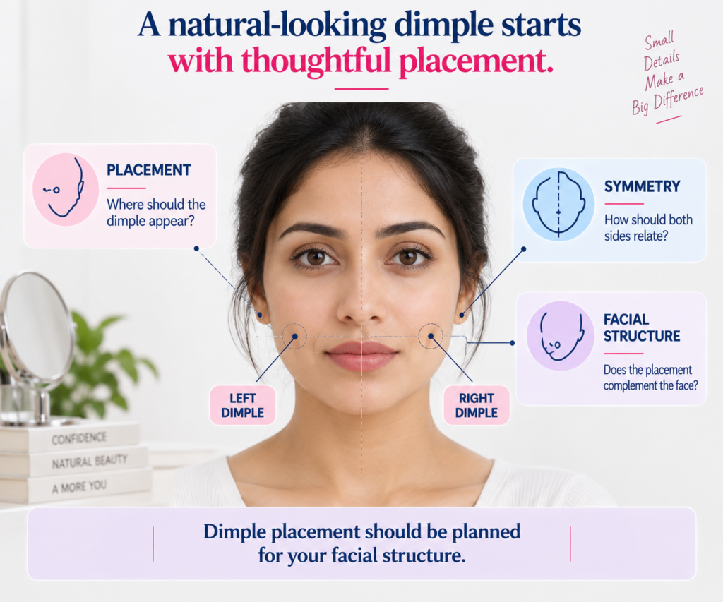 Infographic of a woman’s face illustrating left and right dimple placement, facial symmetry, and facial structure as considerations for planning natural-looking dimple placement.