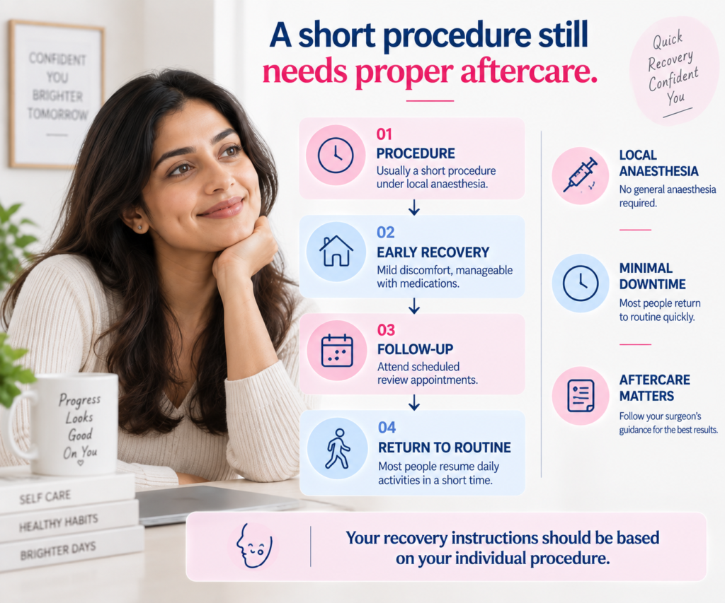 Infographic showing dimple creation surgery recovery stages, including the short procedure, local anaesthesia, early recovery, follow-up appointments, minimal downtime, aftercare and return to routine activities.