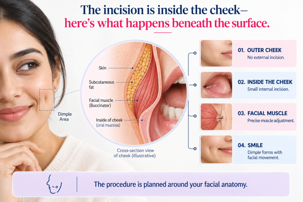 Infographic showing the dimple area and an illustrative cross-section of the cheek, highlighting the skin, subcutaneous fat, buccinator muscle and oral mucosa, with steps showing the internal cheek incision, muscle adjustment and dimple formation during facial movement.