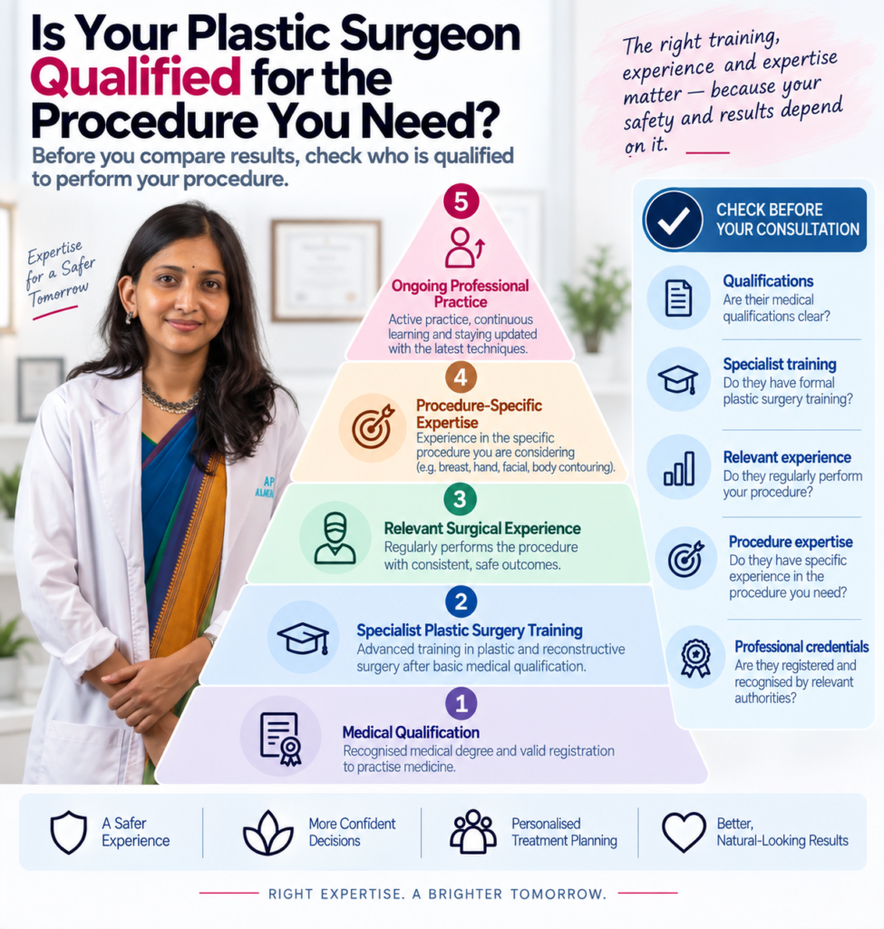 Educational medical infographic featuring drbakshatha standing on the left in a white coat and blue multicoloured saree, with a five-level qualification pyramid in the centre. The pyramid covers medical qualification, specialist plastic surgery training, relevant surgical experience, procedure-specific expertise and ongoing professional practice. A checklist panel on the right highlights qualifications, specialist training, relevant experience, procedure expertise and professional credentials. The design uses a clean white background with soft pink, blue, green, orange and lavender sections, navy blue typography, magenta accents and simple medical icons for a professional patient-education layout.