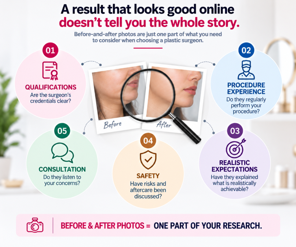 Plastic surgery patient-education infographic featuring before-and-after photographs with a magnifying glass at the centre, illustrating the importance of looking beyond surgical results when researching a plastic surgeon. Five surrounding sections highlight qualifications, procedure experience, realistic expectations, safety and consultation. The design uses a clean white background with soft pink, light blue, lavender, green and beige circular panels, navy blue typography, magenta highlights and simple medical icons.