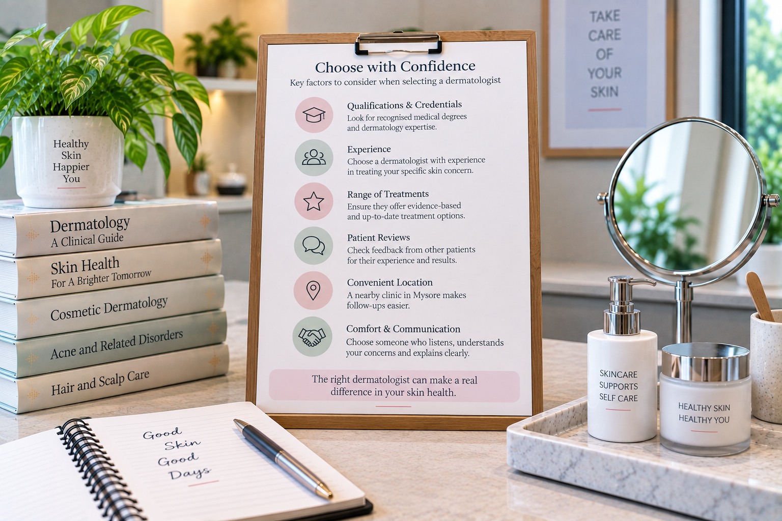A realistic dermatology infographic titled “Choose with Confidence” displayed on a wooden clipboard at the centre of a bright, professional skincare setting. The white board uses dark navy text with soft pink and pale green circular accents, presenting six factors for choosing a dermatologist: qualifications and credentials, experience, range of treatments, patient reviews, convenient location, and comfort and communication. Each factor is arranged vertically with a simple line icon on the left and explanatory text on the right, highlighting recognised medical qualifications, relevant experience, evidence-based treatments, patient feedback, clinic location in Mysore, and clear communication. A large leafy green plant and stacked dermatology books are positioned on the left, while a round mirror, skincare bottles, and a tray with a wooden applicator appear on the right. A notebook and silver pen are placed in the lower-left foreground, adding to the organised consultation and skincare theme. A soft pink panel at the bottom states that the right dermatologist can make a real difference in your skin health.