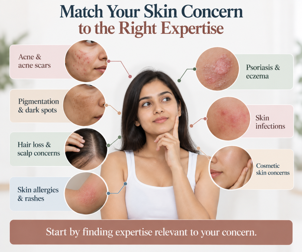 Infographic titled “Match Your Skin Concern to the Right Expertise” in dark navy and muted terracotta text on a light cream background. A young Indian woman in a white sleeveless top is positioned centrally, touching her cheek thoughtfully while looking slightly upward. Six rounded pastel panels surround her with realistic skin images, covering acne and acne scars, pigmentation and dark spots, hair loss and scalp concerns, skin allergies and rashes, psoriasis and eczema, skin infections, and cosmetic skin concerns. The left-side panels use soft pink, cream, green, and blue backgrounds, while the right-side panels use pale green, pink, and cream tones, with connector lines linking each concern to the central woman. Each circular close-up shows the corresponding skin or scalp concern in detail, helping visually connect common dermatology concerns with relevant areas of expertise. A muted terracotta banner at the bottom states, “Start by finding expertise relevant to your concern.”