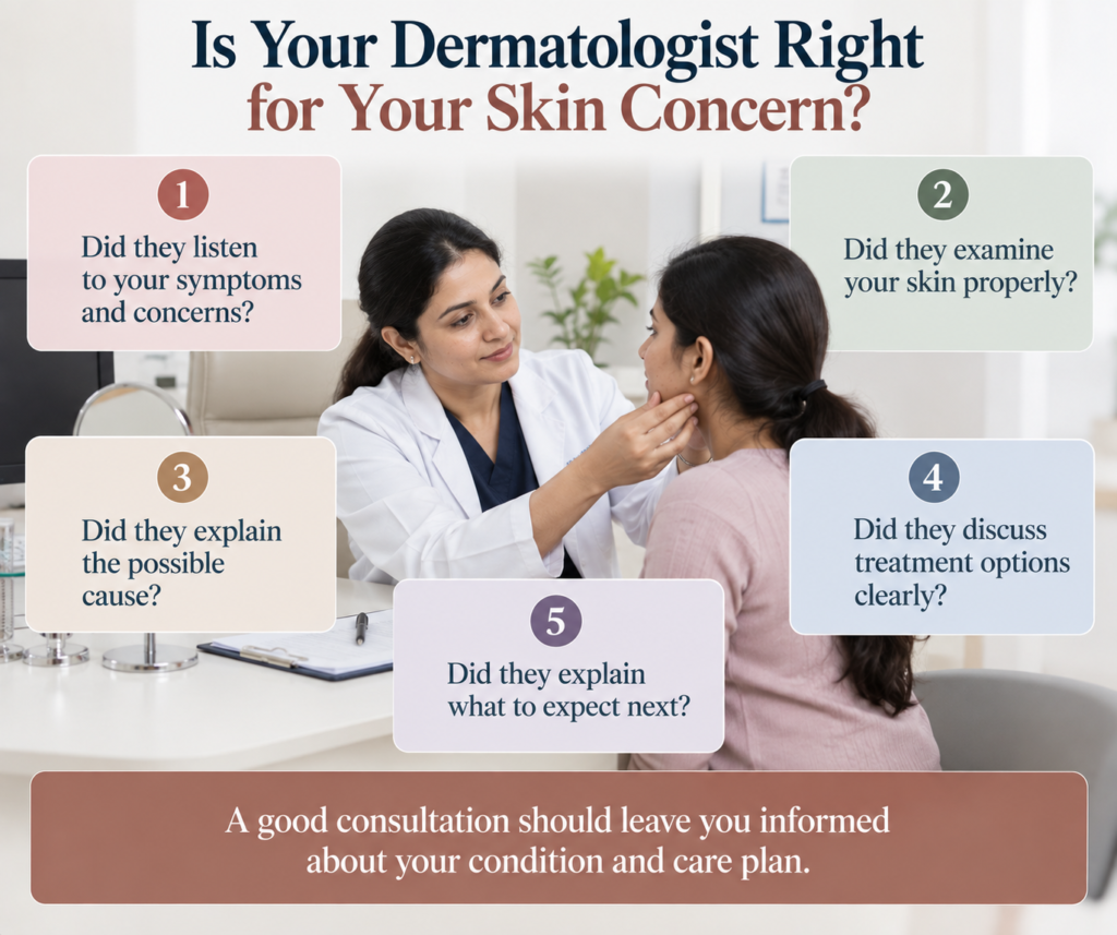 A clean dermatology infographic titled “Is Your Dermatologist Right for Your Skin Concern?” uses dark navy and muted terracotta typography on a soft off-white clinical background. At the centre, a realistic Indian female dermatologist in a white coat examines a female patient’s facial skin during a consultation in a bright, modern clinic. Five numbered pastel panels surround the consultation scene, asking whether the dermatologist listened to symptoms, examined the skin properly, explained the possible cause, discussed treatment options clearly, and explained what to expect next. The panels use soft pink, sage green, cream, pale blue and lavender backgrounds, with dark navy text and coloured numbered circles for each checkpoint. The dermatologist gently examines the patient’s jaw and cheek area while a clipboard and clinical items are visible on the consultation desk. A wide muted terracotta banner at the bottom states, “A good consultation should leave you informed about your condition and care plan.”