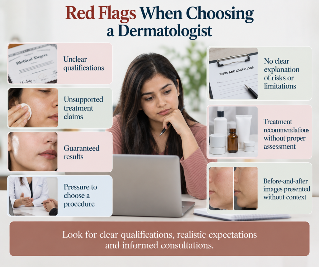 A clean dermatology infographic titled “Red Flags When Choosing a Dermatologist” uses dark navy and muted terracotta typography on a soft off-white clinical background. A young woman sits at the centre behind a laptop, looking thoughtfully at the screen while holding a pen, representing someone evaluating a dermatologist before booking. Seven surrounding panels highlight unclear qualifications, unsupported treatment claims, guaranteed results, pressure to choose a procedure, no clear explanation of risks or limitations, treatment recommendations without proper assessment, and before-and-after images presented without context. The panels contain realistic photographs of a medical degree, skincare application, treatment results, doctor-patient consultation, risks-and-limitations document, skincare products and before-and-after facial images. Soft pastel pink, sage green and pale blue panels frame the photographs, with dark navy explanatory text arranged around the central subject. A wide muted terracotta banner at the bottom reads “Look for clear qualifications, realistic expectations and informed consultations.”