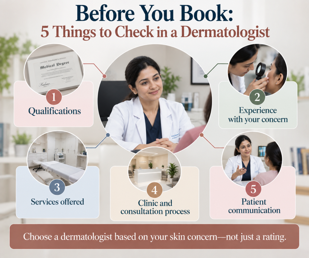 A clean dermatology infographic titled “Before You Book: 5 Things to Check in a Dermatologist” uses dark navy and muted terracotta typography on a soft off-white clinical background. A realistic Indian female dermatologist in a white coat sits at the centre in a modern consultation room, surrounded by five numbered circular image sections. The five checks are Qualifications at the upper left, Experience with your concern at the upper right, Services offered at the lower left, Clinic and consultation process at the lower centre, and Patient communication at the lower right. Each section combines realistic clinical photography with soft pastel panels in pink, sage green, blue and cream, connected to the central doctor image by thin coloured lines. The surrounding photographs show a medical qualification certificate, a skin examination, a clinical treatment room, a clinic reception area and a dermatologist communicating with a patient. A wide muted terracotta banner at the bottom reads “Choose a dermatologist based on your skin concern—not just a rating.”