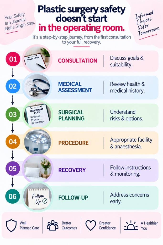 Plastic surgery safety infographic on a white and soft pastel background, explaining six stages of care: consultation, medical assessment, surgical planning, procedure, recovery and follow-up. Each stage is shown in a separate pastel panel with numbered circles, medical photographs and concise guidance. The infographic uses pink, blue, green, orange, purple and teal accents, with downward arrows connecting each step. The bottom section highlights well-planned care, better outcomes, greater confidence and a healthier recovery journey.