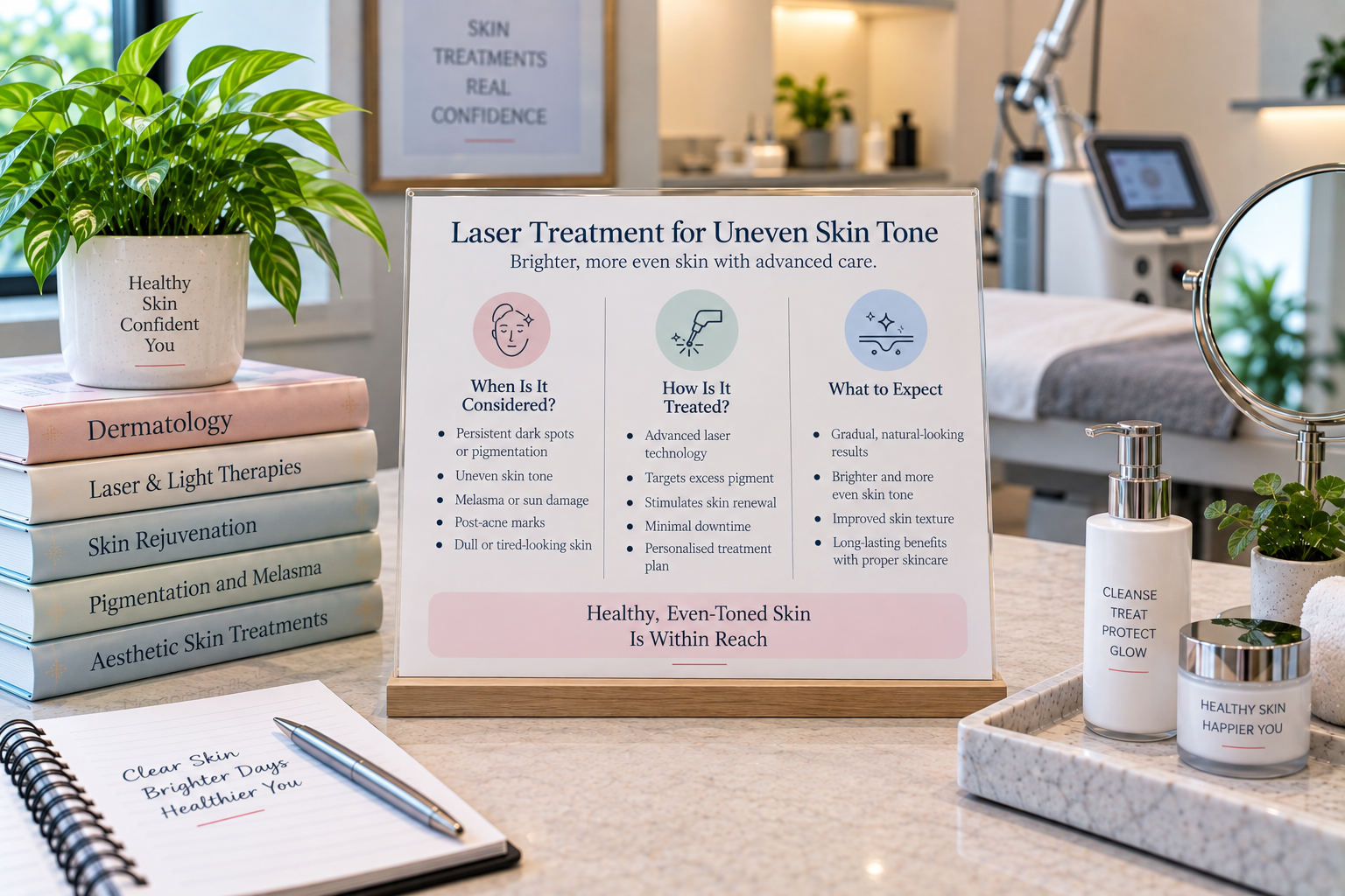 A realistic dermatology infographic titled “Laser Treatment for Uneven Skin Tone” displayed on a wooden stand at the centre of a bright, modern skincare setting. The board uses a soft white background with navy-blue headings, pink accents, and three pastel sections explaining when laser treatment may be considered, how it is treated, and what to expect. The left section lists persistent pigmentation, uneven skin tone, melasma, sun damage, post-acne marks, and dull-looking skin, while the centre section describes laser technology, pigment targeting, skin renewal, downtime, and personalised treatment. The right section highlights gradual natural-looking results, brighter even-toned skin, improved texture, and skincare for longer-lasting benefits. A green leafy plant and stacked dermatology books appear on the left, while a laser treatment device, mirror, skincare bottles, and a tray are positioned on the right, creating a clean professional clinic atmosphere.