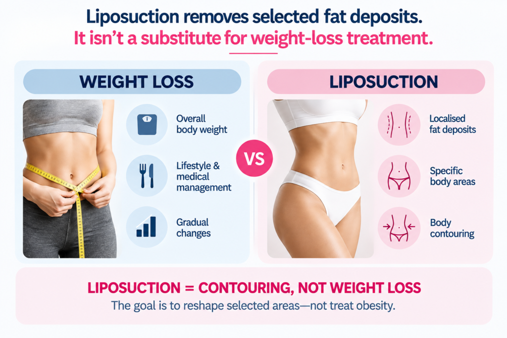 Infographic comparing weight loss and liposuction, showing overall body weight, lifestyle and medical management, and gradual changes versus localized fat deposits, specific body areas, and body contouring. The graphic explains that liposuction is intended for body contouring rather than weight-loss treatment.
