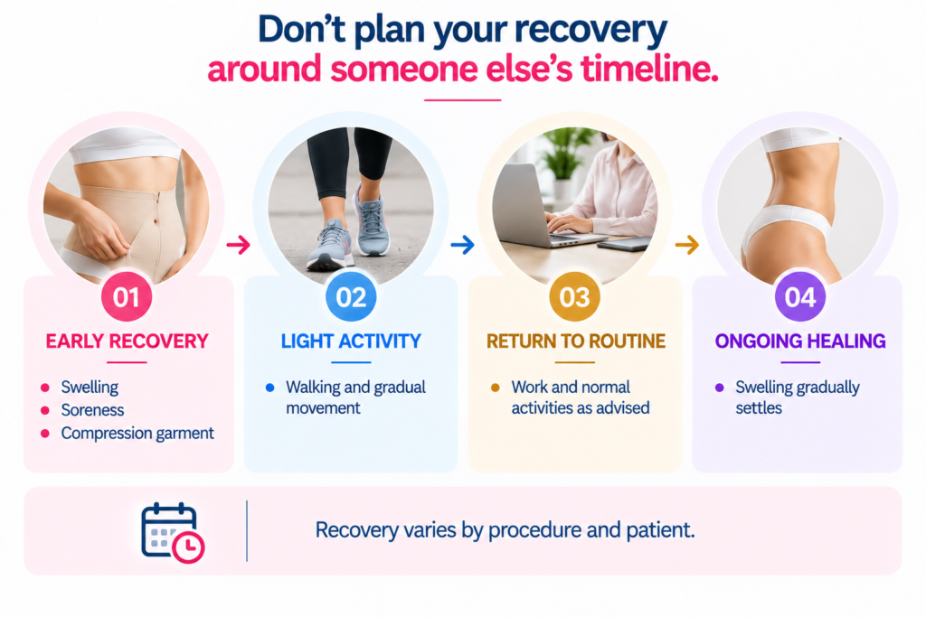 Infographic showing four stages of liposuction recovery: early recovery with swelling and soreness, light activity with gradual movement, return to routine activities as advised, and ongoing healing as swelling gradually settles.