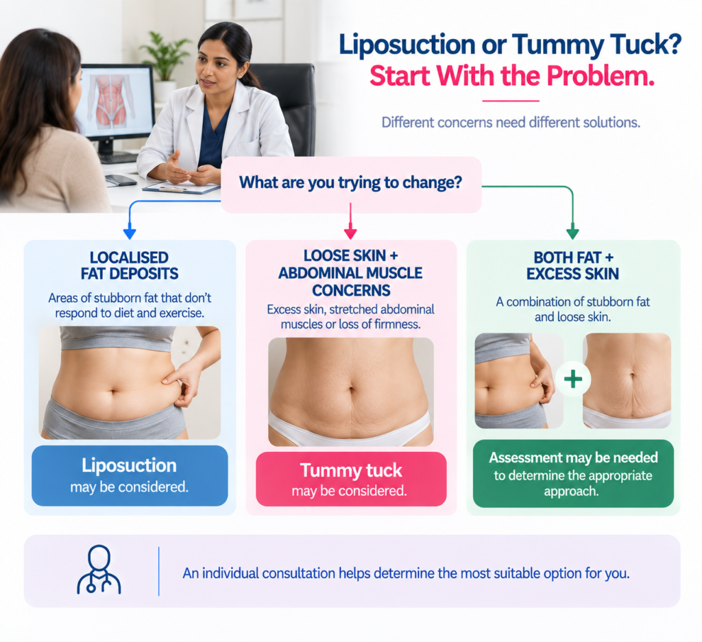 Infographic comparing liposuction and tummy tuck based on localized fat deposits, loose skin and abdominal muscle concerns, and combined fat with excess skin, highlighting the need for individual assessment.