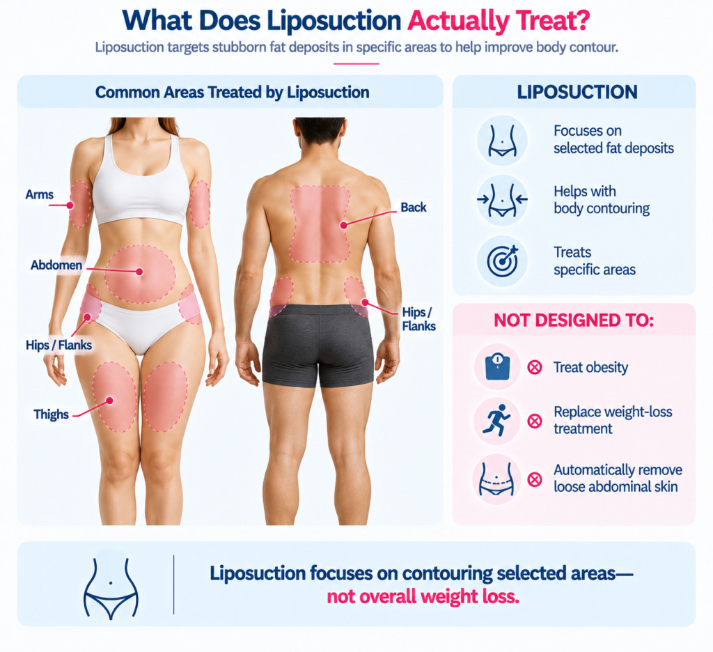 Infographic showing common liposuction treatment areas including the abdomen, hips, flanks, thighs, arms and back, with a comparison explaining that liposuction targets selected fat deposits and body contouring rather than obesity, overall weight loss or automatic removal of loose abdominal skin.