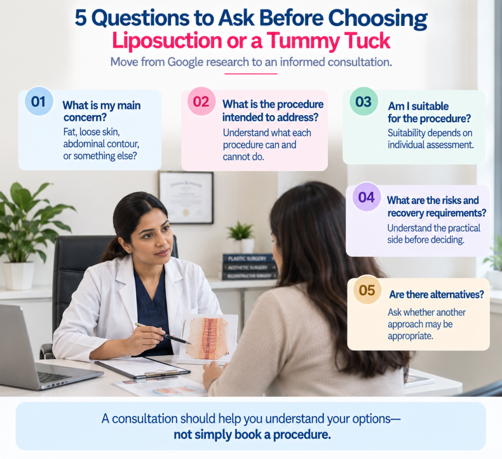Infographic highlighting five questions to discuss before choosing liposuction or a tummy tuck, including the main concern, treatment goals, suitability, risks and recovery, and possible alternatives.