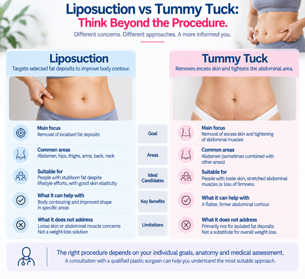 Infographic comparing liposuction and tummy tuck, showing their main goals, common treatment areas, suitability, potential benefits and limitations, with individual assessment and consultation highlighted as part of choosing an appropriate approach.