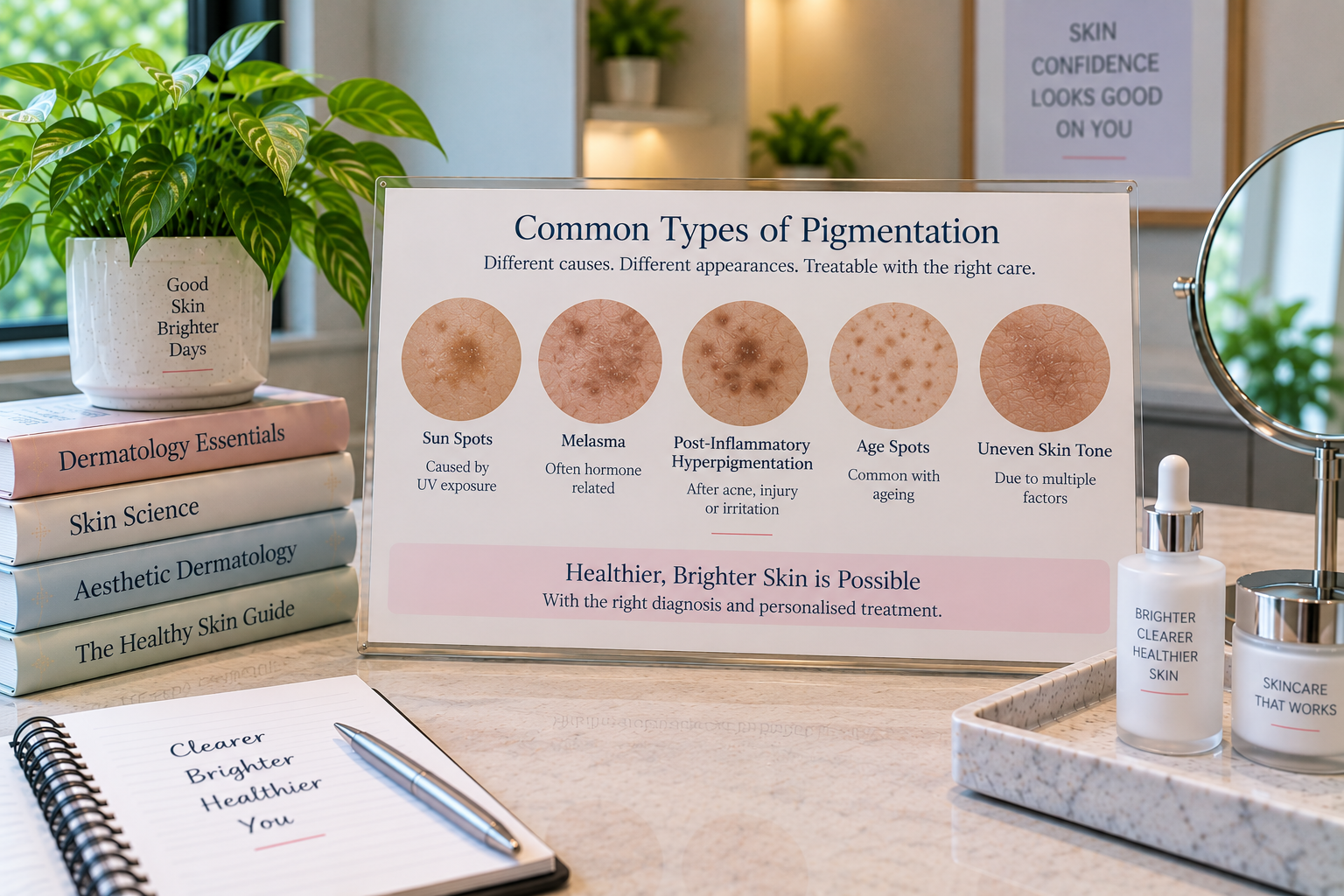 A realistic dermatology infographic titled “Common Types of Pigmentation” displayed on a transparent stand at the centre of a bright, modern skincare setting. The white board uses dark navy text with soft pink accents and presents five circular close-up skin examples: sun spots, melasma, post-inflammatory hyperpigmentation, age spots, and uneven skin tone. Each example appears across the centre with a short explanation describing its possible cause, including UV exposure, hormonal factors, acne, injury, irritation, ageing, and multiple contributing factors. A large green leafy plant and stacked dermatology books are positioned on the left, while a round mirror, skincare bottles, and a tray are arranged on the right. A notebook and silver pen sit in the lower-left foreground, adding to the professional clinic and skincare consultation atmosphere. The bottom pink panel states that healthier, brighter skin is possible with the right diagnosis and personalised treatment.