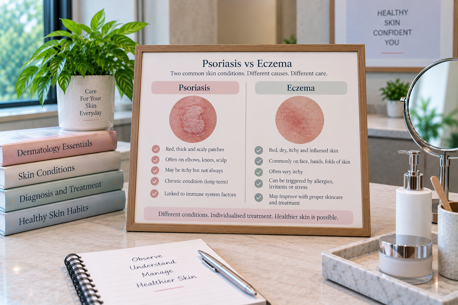 A realistic dermatology infographic titled “Psoriasis vs Eczema” is displayed on a wooden-framed board in the centre of a bright, professional skincare setting. The board has a soft white background with muted pink and grey-green headers, comparing psoriasis on the left with eczema on the right using circular close-up skin images. The psoriasis section describes red, thick, scaly patches commonly affecting the elbows, knees and scalp, while the eczema section shows red, dry, itchy and inflamed skin commonly affecting the face, hands and skin folds. A large green leafy plant and stacked dermatology books are positioned on the left, while a round mirror, white skincare bottles, a tray and wooden applicator are arranged on the right. A spiral notebook with a silver pen is placed in the lower foreground, reinforcing the educational and skincare consultation theme. A soft pink panel at the bottom states that different conditions require individualised treatment and that healthier skin is possible.