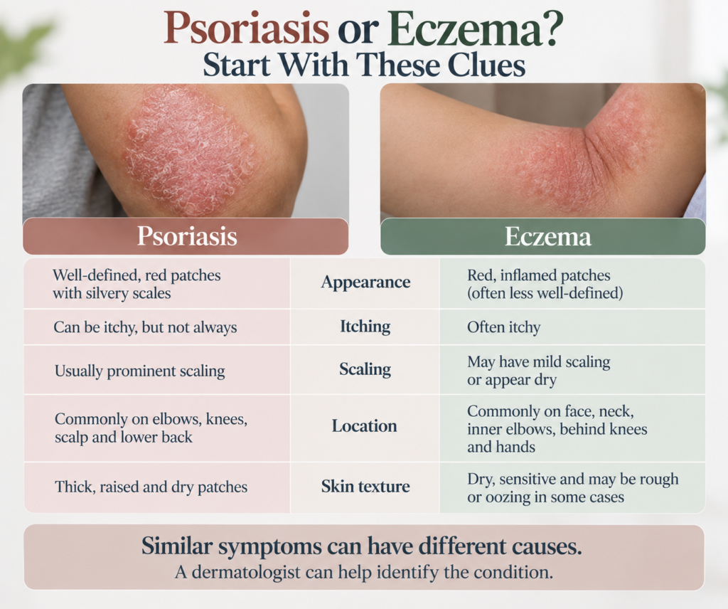 Infographic titled “Psoriasis or Eczema? Start With These Clues” in dark navy and muted terracotta/green text on a light cream background. At the top, two side-by-side close-up skin photographs show a well-defined red, scaly patch representing psoriasis on the left and an inflamed, reddish patch in a skin fold representing eczema on the right. Below, a five-row comparison table contrasts appearance, itching, scaling, location, and skin texture, with psoriasis information on the pale pink left side and eczema information on the pale green right side. The psoriasis column describes well-defined red patches with silvery scales, prominent scaling, and common areas such as elbows, knees, scalp and lower back, while the eczema column describes itchy, inflamed or dry patches commonly affecting the face, neck, inner elbows, behind the knees and hands. A pale terracotta information panel at the bottom states that similar symptoms can have different causes and that a dermatologist can help identify the condition.