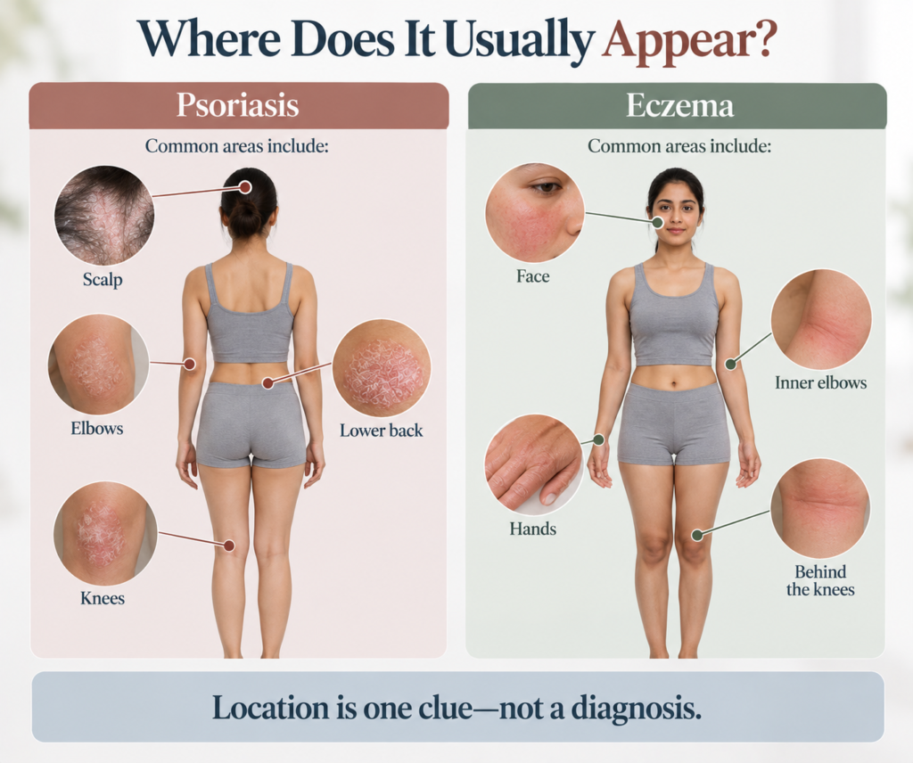 Infographic titled “Where Does It Usually Appear?” with dark navy and muted terracotta typography on a light cream background, comparing common psoriasis and eczema locations. The left Psoriasis panel has a muted terracotta header and shows a rear-view woman with connector lines pointing to realistic close-ups of the scalp, elbows, lower back, and knees. The right Eczema panel has a muted green header and shows a front-view woman with connector lines highlighting the face, inner elbows, hands, and behind the knees. Both sections use soft pink and pale green backgrounds, circular skin close-ups, and clearly labelled body areas to visually explain typical locations. A light blue rounded banner spans the bottom with the message, “Location is one clue—not a diagnosis.”