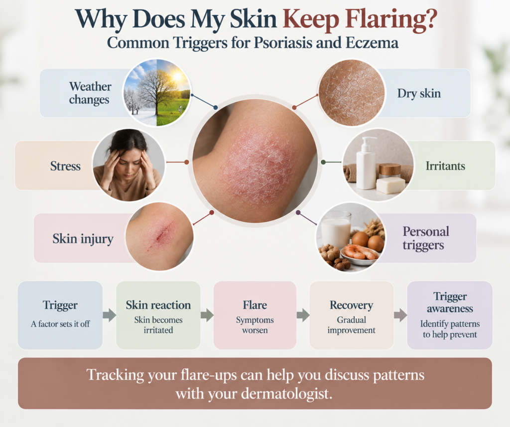 Infographic titled “Why Does My Skin Keep Flaring? Common Triggers for Psoriasis and Eczema” with dark navy and muted terracotta typography on a light cream background. A large circular close-up of reddish, dry, scaly skin is positioned at the centre, surrounded by six connected trigger panels: weather changes, dry skin, stress, irritants, skin injury, and personal triggers. Each pastel panel contains a realistic supporting photograph, including seasonal weather, dry skin, a stressed woman, skincare products, a skin injury, and foods associated with personal triggers. The lower section presents a five-step flow from Trigger → Skin reaction → Flare → Recovery → Trigger awareness, using pale blue, green, pink, cream, and lavender boxes with grey arrows. The visual uses rounded cards, circular photographs, thin connector lines, and soft pastel colours for a clean, professional dermatology infographic layout. A muted terracotta banner at the bottom states, “Tracking your flare-ups can help you discuss patterns with your dermatologist.”