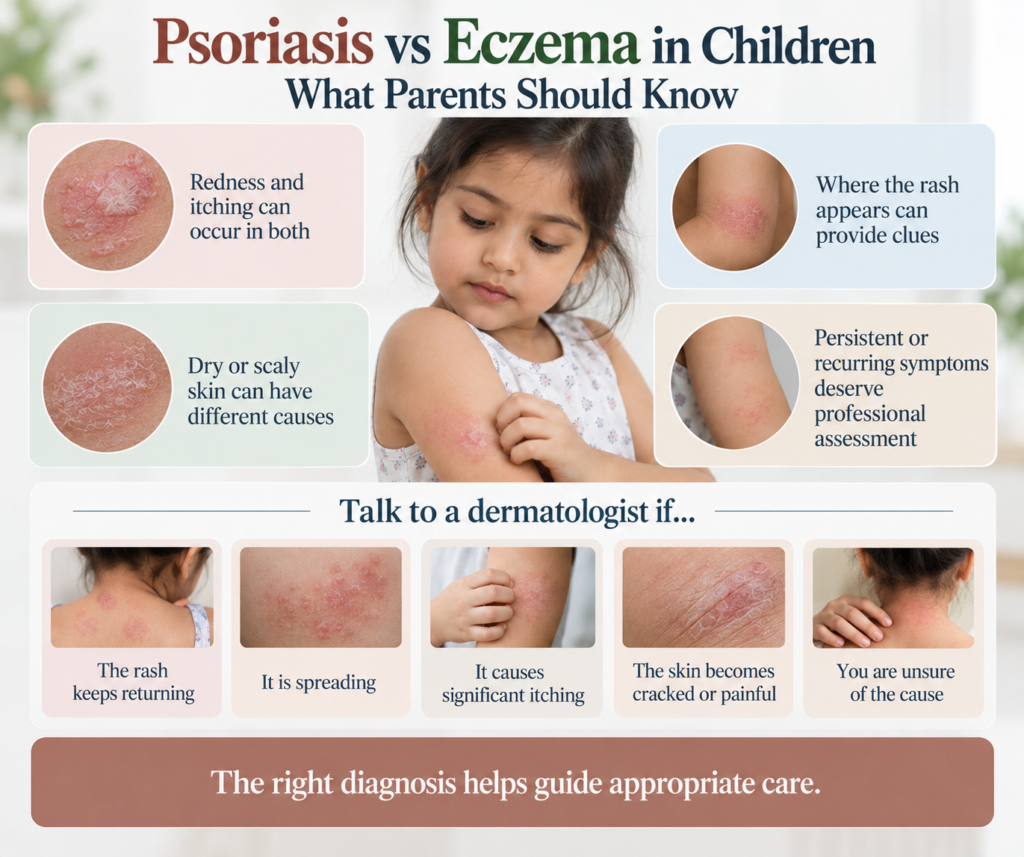 Infographic titled “Psoriasis vs Eczema in Children: What Parents Should Know” with dark navy, muted terracotta, and green typography on a light cream background. A young Indian girl in a white floral dress is positioned centrally, looking down while gently touching a reddish patch on her upper arm. Four pastel information panels surround her, explaining that redness and itching can occur in both conditions, dry or scaly skin can have different causes, rash location may provide clues, and persistent or recurring symptoms require professional assessment. The lower section features “Talk to a dermatologist if…” with five smaller image panels showing a recurring rash, spreading rash, significant itching, cracked or painful skin, and uncertainty about the cause. Soft pink, pale green, light blue, and cream panels create a clean medical infographic layout, with realistic close-up skin photographs illustrating the symptoms. A muted terracotta banner at the bottom states, “The right diagnosis helps guide appropriate care.”