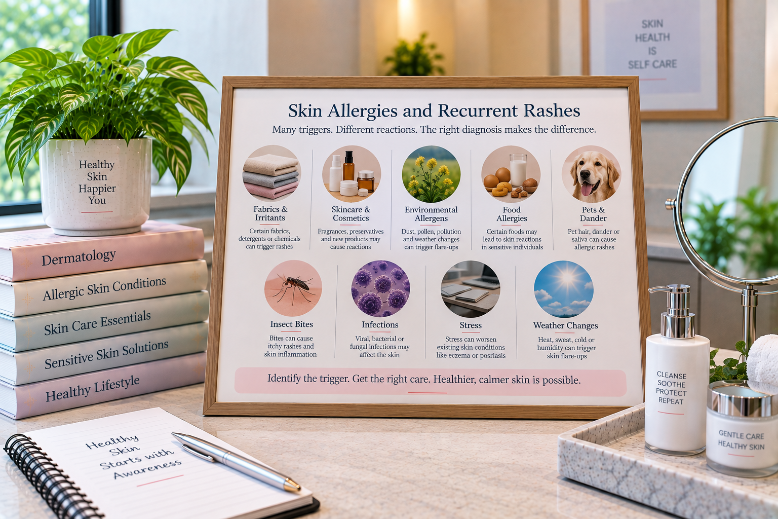 A realistic dermatology-themed infographic displayed in a wooden frame, titled “Skin Allergies and Recurrent Rashes” in dark navy text, with a subtitle about different triggers and the importance of correct diagnosis. The central framed infographic presents nine trigger categories in two rows: Fabrics & Irritants, Skincare & Cosmetics, Environmental Allergens, Food Allergies, Pets & Dander, Insect Bites, Infections, Stress, and Weather Changes, each paired with a circular photographic image. The scene has a warm, natural clinic-style setting with a large green plant on the left, stacked pastel-colored dermatology books below it, and a round tabletop mirror and skincare bottles on the right. The infographic uses a soft cream background with muted pink accents, while the photographs show fabrics, skincare products, flowers, food, a dog, an insect, skin infection imagery, a desk setting, and a bright sky. A pale-pink footer on the framed infographic reads “Identify the trigger. Get the right care. Healthier, calmer skin is possible.”