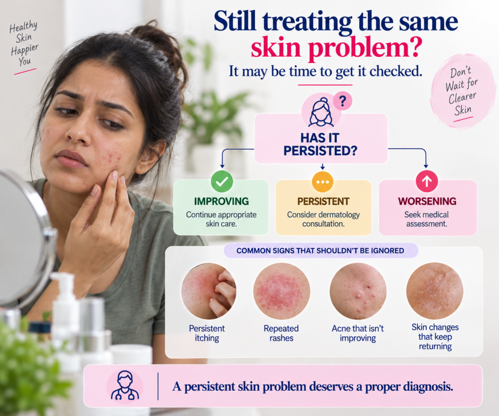 Infographic showing a woman with acne examining her skin, with guidance to seek assessment when skin problems persist or worsen and examples of persistent itching, repeated rashes, acne that is not improving, and recurring skin changes.