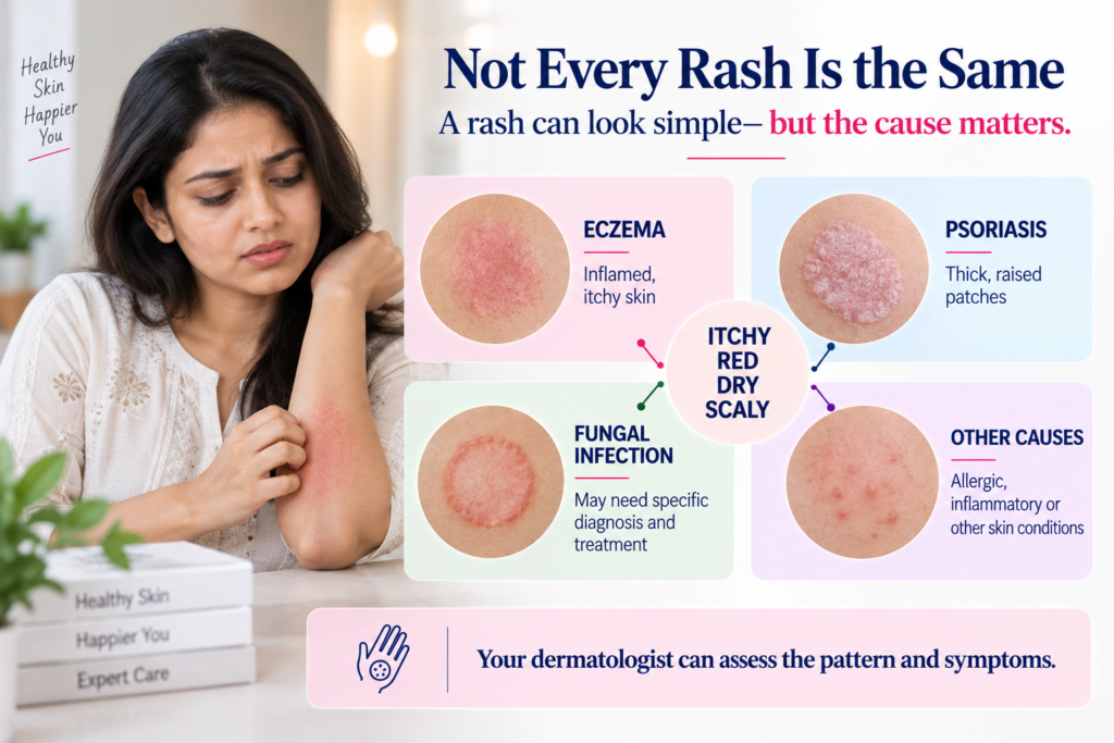Infographic showing a woman with an itchy skin rash alongside examples of eczema, psoriasis, fungal infection and other causes of red, dry or scaly skin, emphasizing dermatological assessment based on symptoms and skin patterns.