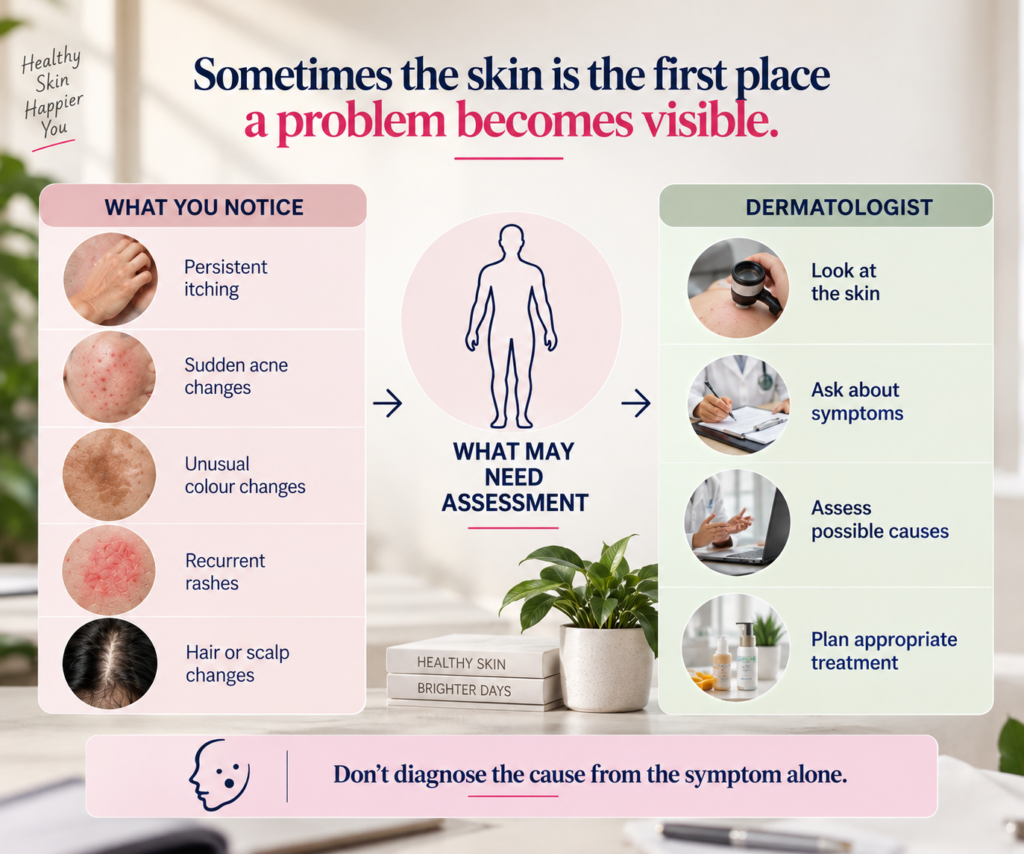 Infographic illustrating skin symptoms that may require assessment, including persistent itching, sudden acne changes, unusual colour changes, recurrent rashes and hair or scalp changes, with a dermatologist evaluating the skin, symptoms and possible causes.